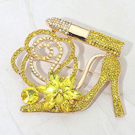 Rhinestone Embellished Flower Accent Glam High Heel Lipstick Pin Brooch