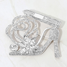 Rhinestone Embellished Flower Accent Glam High Heel Lipstick Pin Brooch