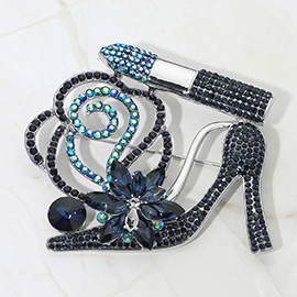 Rhinestone Embellished Flower Accent Glam High Heel Lipstick Pin Brooch