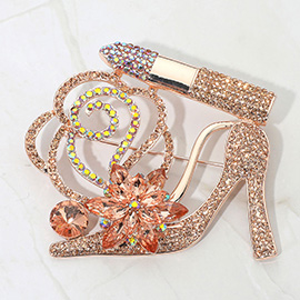 Rhinestone Embellished Flower Accent Glam High Heel Lipstick Pin Brooch