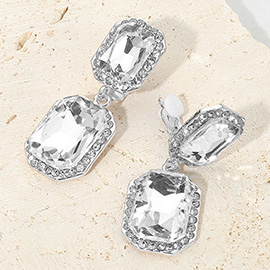 Elegant Rectangle Crystal Drop Dangle Evening Clip On Earrings