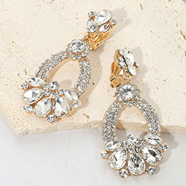 Teardrop Glass Stone Accent Rhinestone Embellished Open Oval Dangle Evening Earrings
