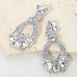 Teardrop Glass Stone Accent Rhinestone Embellished Open Oval Dangle Evening Earrings