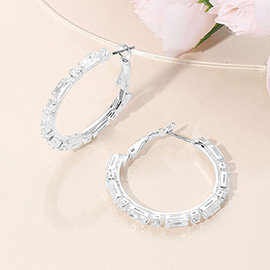 Baguette Round CZ Stone Cluster Embellished Hoop Earrings