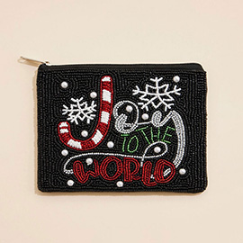 JOY TO THE WORLD Holiday Message Pearl Seed Beaded Mini Pouch Bag