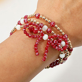 3PCS - Sports Team Theme Colored Bow Accent Faceted Beaded Stretch Multi Layered Bracelets
