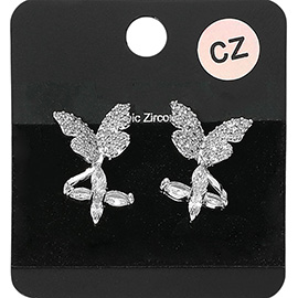 CZ Stone Paved Butterfly Accent Marquise Stone Leaf Flower Evening Stud Earrings