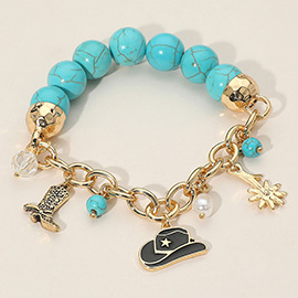 SECRET BOX_Western Cowboy Hat Boot Flower Pearl Charm Beaded Stretch Bracelet