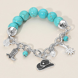 SECRET BOX_Western Cowboy Hat Boot Flower Pearl Charm Beaded Stretch Bracelet