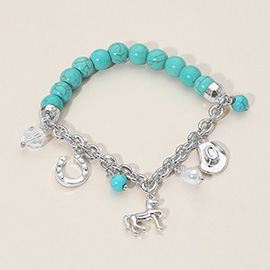 SECRET BOX_Western Horse Horse Shoe Cowboy Hat Pearl Charm Beaded Stretch Bracelet