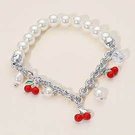 SECET BOX_Cherry Charm Pearl Beaded Stretch Bracelet