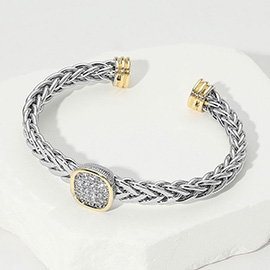 Two Tone CZ Stone Paved Square Accent Braided Cuff Bracelet
