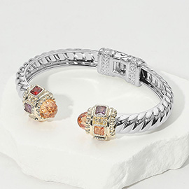 CZ Stone Tip Two Tone Twisted Hinge Cuff Bracelet