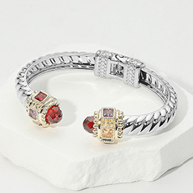 CZ Stone Tip Two Tone Twisted Hinge Cuff Bracelet