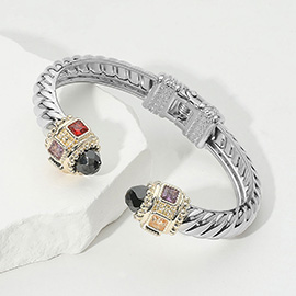 CZ Stone Tip Two Tone Twisted Hinge Cuff Bracelet