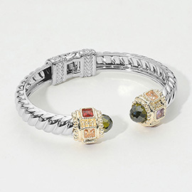 CZ Stone Tip Two Tone Twisted Hinge Cuff Bracelet