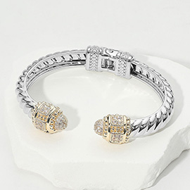 CZ Stone Paved Tip Two Tone Twisted Hinge Cuff Bracelet