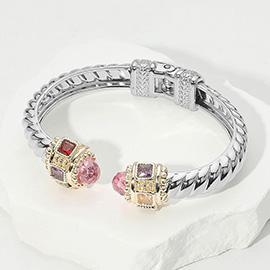 CZ Stone Tip Two Tone Twisted Hinge Cuff Bracelet