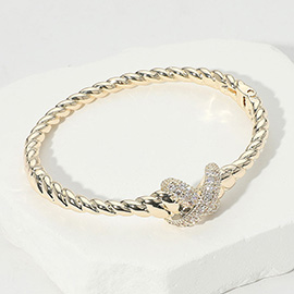 CZ Stone Paved Crisscross Accent Twisted Hinged Bangle Bracelet