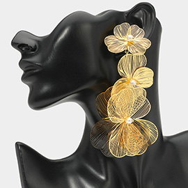 Pearl Accent Bold Filigree Flower Link Drop Statement Earrings