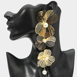 Bold Pearl Accent Metal Filigree Flower Link Drop Statement Earrings