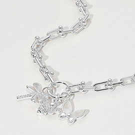 14K Gold Plated CZ Stone Paved Dragonfly Honey Bee Mother of Pearl Butterfly Charm Pendant Chunky Industrial Chain Necklace