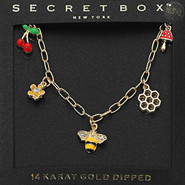 SECRET BOX_14k Gold Dipped Honey Bee Honey Comb Cherry Flower Mushroom Charm Station Paperclip Chain Necklace