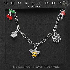 SECRET BOX_Sterling Silver Dipped Honey Bee Honey Comb Cherry Flower Mushroom Charm Station Paperclip Chain Necklace