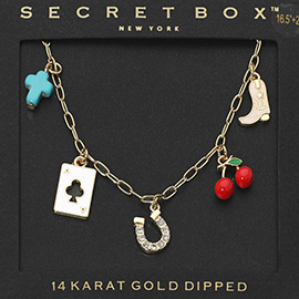 SECRET BOX_14K Gold Dipped Western Horseshoe Cowboy Boot Cross Playing Card Cherry Charm Station Paperclip Chain Necklace