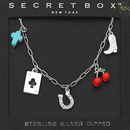 SECRET BOX_Sterling Silver Dipped Western Horseshoe Cowboy Boot Cross Playing Card Cherry Charm Station Paperclip Chain Necklace