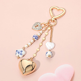 Floral Ceramic Pearl Metal Heart Lock Charm Drop Keychain / Bag Charm