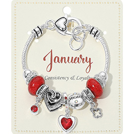 January - Birthstone Heart Charm Multi Beaded Bracelet