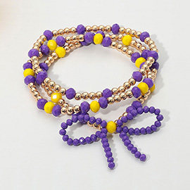 3PCS - Sports Team Theme Colored Bow Accent Faceted Beaded Stretch Multi Layered Bracelets