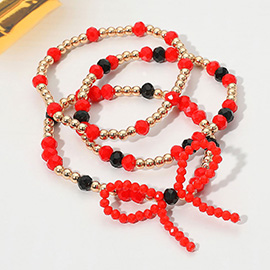 3PCS - Sports Team Theme Colored Bow Accent Faceted Beaded Stretch Multi Layered Bracelets