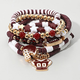7PCS - Football Charm Star GAME DAY Message Heishi Beaded Stretch Multi Layered Bracelets