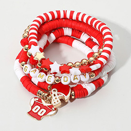 7PCS - Football Charm Star GAME DAY Message Heishi Beaded Stretch Multi Layered Bracelets