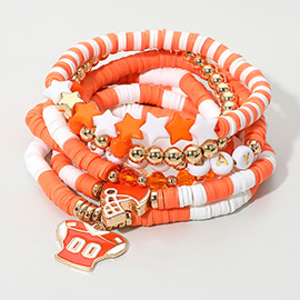 7PCS - Football Charm Star GAME DAY Message Heishi Beaded Stretch Multi Layered Bracelets