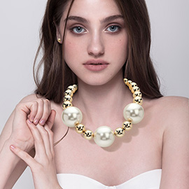 Chunky Pearl Accent Metal Ball Beaded Statement Necklace