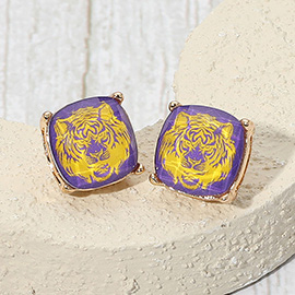 Tiger Face Printed Game Day Cushion Square Stud Earrings