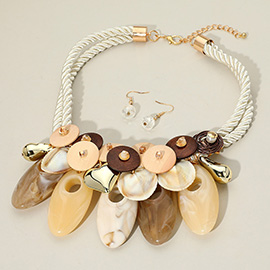 Marbled Resin Oval Wooden Disc Metal Heart Sea Shell Charm Embellished Statement Necklace