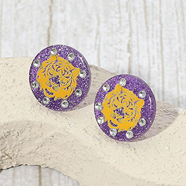 Sparkle Accent Game Day Tiger Face Disc Stud Earrings