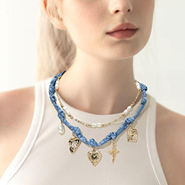 Pearl Heart Cross Charm Layered Denim Fabric Braided Necklace