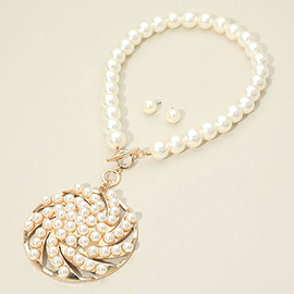 Oversized Pearl Swirl Disc Pendant Accent Pearl Statement Necklace