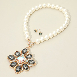 Square Oval Glass Stone Embellished Pendant Accent Toggle Pearl Statement Necklace