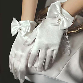Dressy Satin Feel Pearl Charm Bow Accent Gloves
