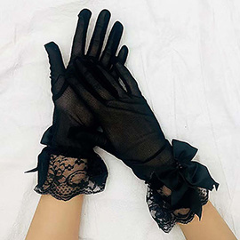Dressy Sheer Lace Satin Bow Trim Gloves