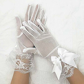 Dressy Sheer Lace Satin Bow Trim Gloves