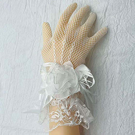Dressy Floral Bow Wrist Accent Lace Gloves