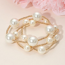 3PCS - Chunky Pearl Accent Metal Ball Beaded Stretch Multi Layered Bracelets