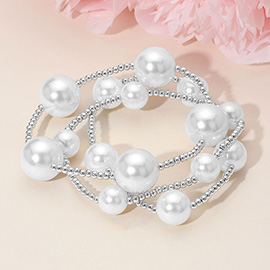 3PCS - Chunky Pearl Accent Metal Ball Beaded Stretch Multi Layered Bracelets